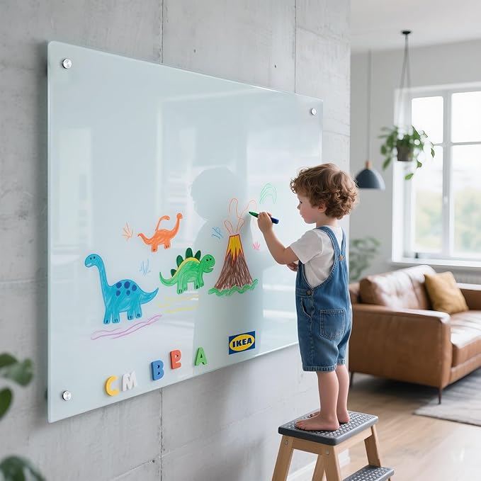Magnetic Glass Whiteboard 48"x36" Glass Dry Erase Board 48"x36" Frameless Wall Mounted White Board Writing Board Glassboard for Office School Home Shop