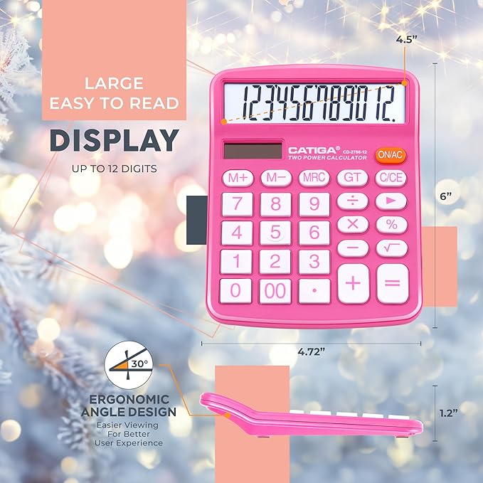 CATIGA Desktop Calculator (2 Pack) 12 Digit with Large LCD Display and Sensitive Button, Solar and Battery Dual Power, Standard Function for Office, Home, School, CD-2786 (Blue/Pink)