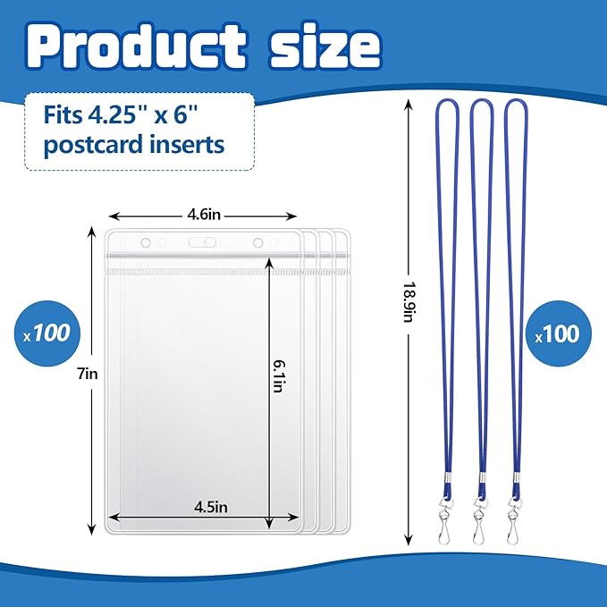 Chuangdi 100 Pcs Large 4 x 6 Inch Clear ID Badge Holder with Lanyard Waterproof Vertical Badge ID Card Holders Clear Plastic Tags Transparent PVC Pouch for Office (Blue Lanyard)