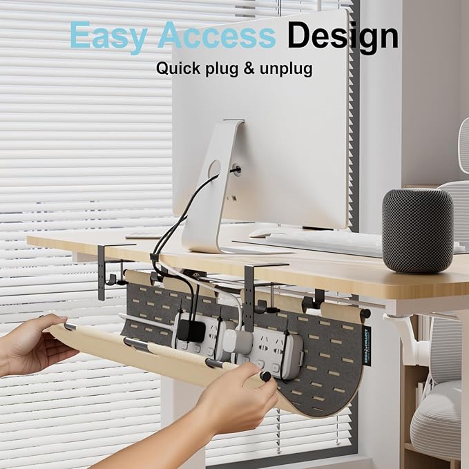2-in-1 Under Desk Cable Management Tray & Privacy Panel, Dual-Sided Felt Cord Organizer to Hide Wires and Clutter, Desk Mount Cord Holder for Office and Home, Clamp or Screw Mount (Khaki/Gray, 30")