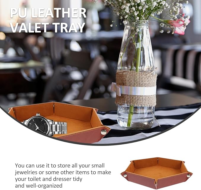 PU Leather Folding Valet Tray Small Jewelry Catchall Organizer for Desktop Storage Brown Compact Desk Tray for Home Office and Bedroom Sundries Management
