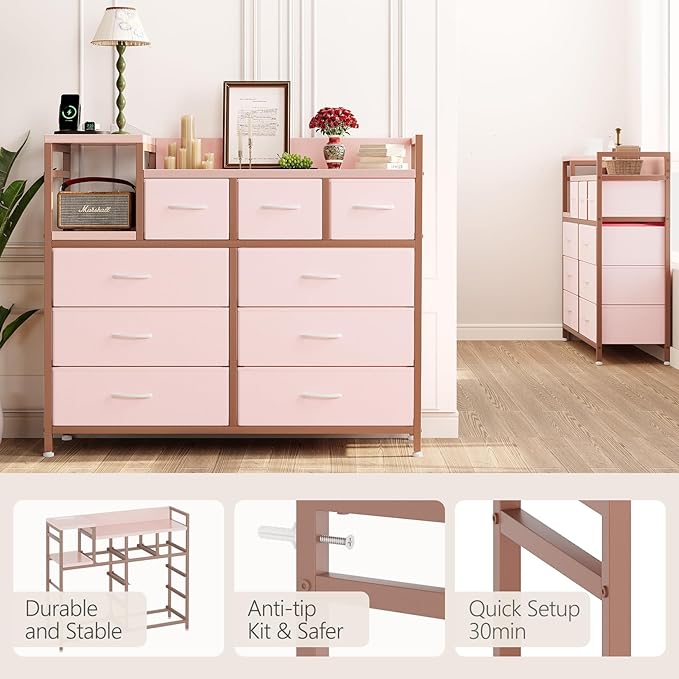 Jojoka 9 Drawer Dresser TV Stand with Charging Station,Modern Entertainment Center for Living Room & Bedroom with Power Outlets, Open Storage Shelves, Pink