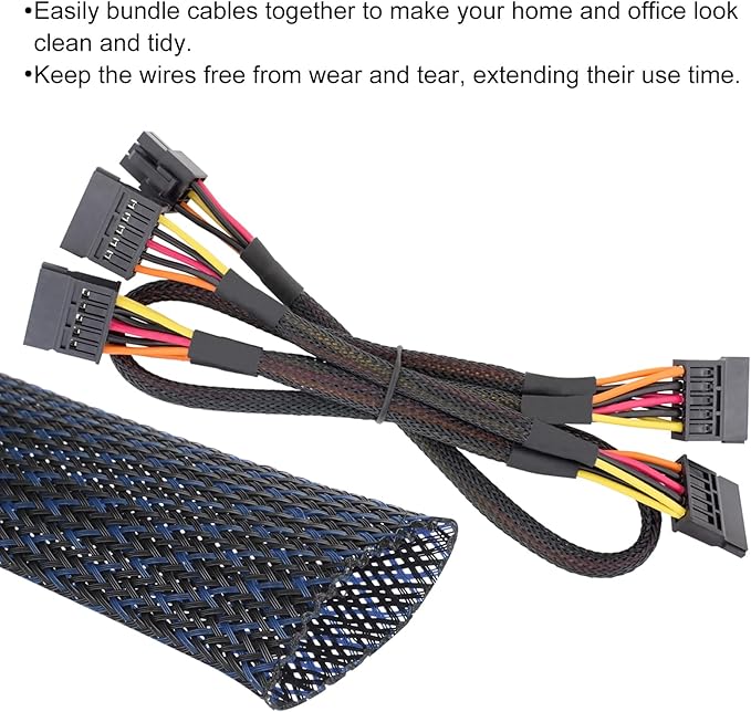 25ft PET Expandable Wire Loom 3/4 Inch, PET Braided Wire Sleeving Cable Management Sleeve Tubing [for Audio Video Home Office Cord Protector]-Black, Blue