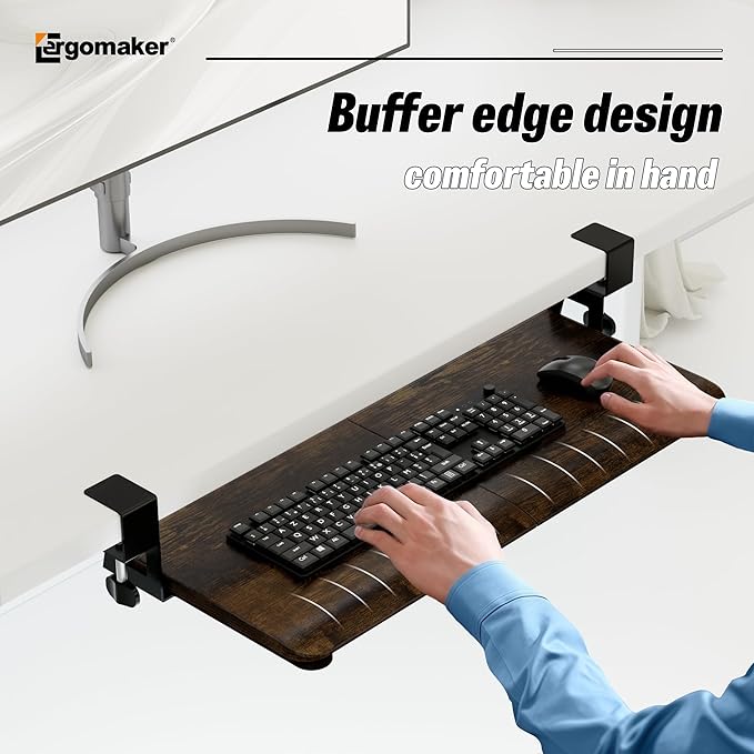 ERGOMAKER Keyboard Tray Under Desk, Pull Out Keyboard Tray with C Clamp Mount, 25.6" (29.7" Including Clamps) x 11.8" Slide-Out Platform Computer Drawer for Typing, Keyboard & Mouse Tray, Rustic Brown