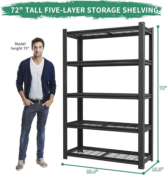 72" H Heavy Duty Garage Shelving, Metal Storage Shelves, 5 Tier Adjustable Storage Shelves, Industrial Utility Rack for Warehouse, Basement, Workshop, Kitchen, 16" D×35" W×72" H, Black