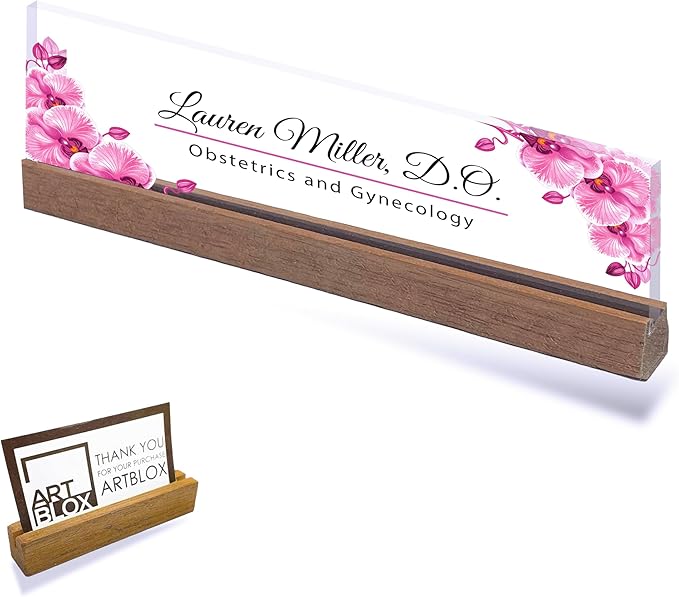 ARTBLOX | Office Personalized Name Plate Pink Orchid V2 Design On Clear Acrylic Glass for Desk with Business Card Holder