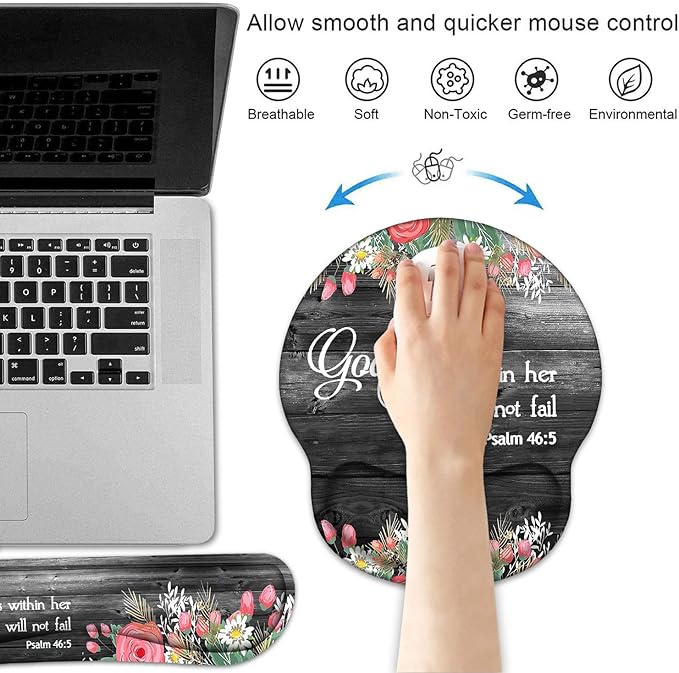 Keyboard Wrist Rest and Mouse Pad Wrist Support Set with Coasters, Ergonomic Gaming Mousepad for Home Office Working Studying Easy Typing & Pain Relief, Floral Quote Bible Verse Psalm 46:5