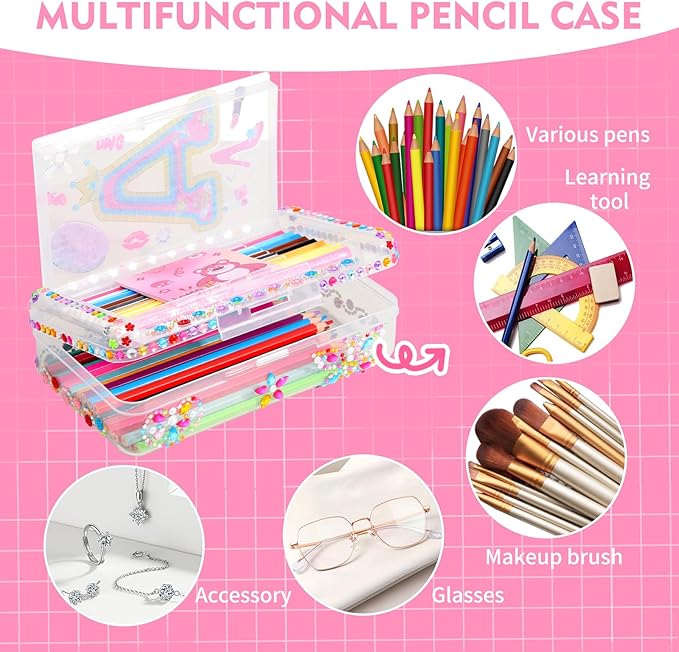 1PCS Clear Pencil Case, Plastic Pencil Box, Large Crayon Box, Craft Organizers and Storage, School Supplies for Boys and Girls with Stickers and Kit (Letter A Set)