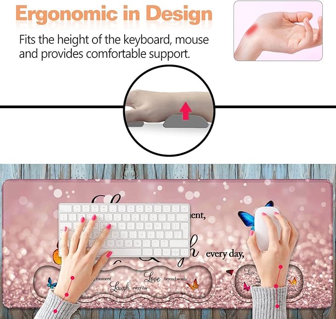 Ergonomic Keyboard Wrist Rest & Mouse Pad Wrist Rest Set, Large XXL Gaming Desk Mat 31.5"x 11.8", Non-Slip Base, Memory Foam, Easy Typing Pain Relief for Office & Home, Glitter Quote Live Laugh Love