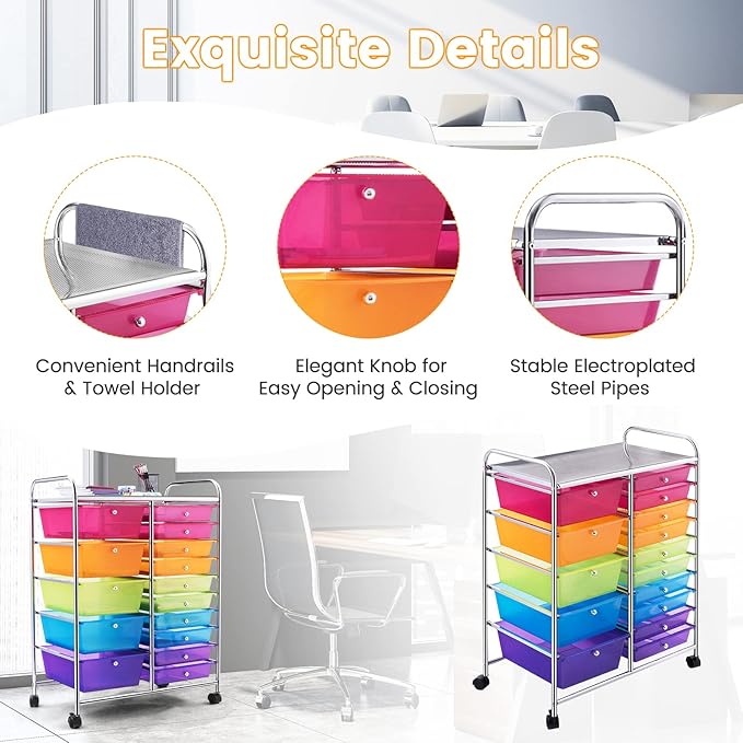 ARLIME 15-Drawer Storage Cart, 15 Drawer Trolley, Rolling Organizer Cart, Scrapbook Paper Organizer, Suitable for Office and School, Rainbow Rolling Office Storage Tools