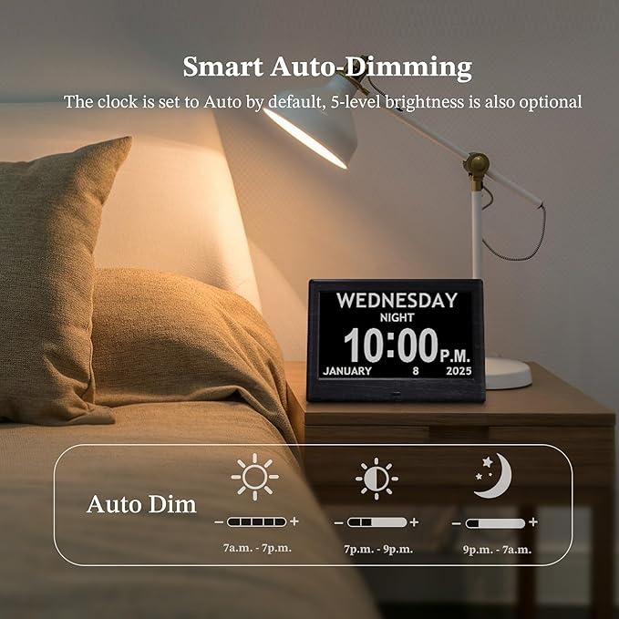 7'' Digital Clocks, 12 Reminders & 6 Alarms, Dementia Clock with Date and Time for Elderly, Auto-Dimming, Button & Remote Control, Auto DST, Digital Calendar for Seniors Large Display, Black Woodgrain
