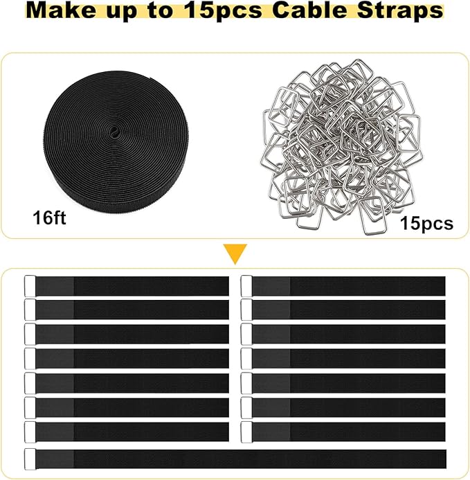 1.5"x16ft Hook and Loop Straps with 15 Metal Buckles, Adjustable Fastening Cable Straps, Cut-to-Length Cinch Strap, Reusable Nylon Securing Cord Ties for Organizer or Storage, Black