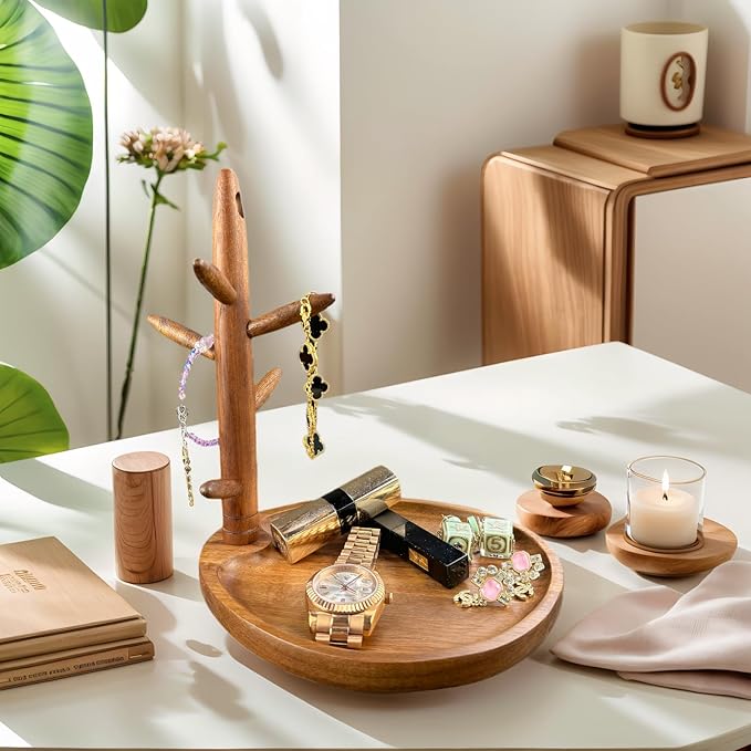 Solid Acacia Key Tray, Key Bowl for Entryway Table, Natural Catchall Tray with Key Holder Stand with 5 Hooks, Wooden Dish for Wallet, Watch, Jewelry Organizer