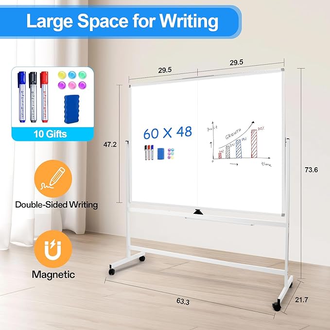 60 x 48 Double Sided Rolling Whiteboard, Large Rolling White Board - Magnetic Rolling Dry Erase Board Easel Standing Board on Wheels with Aluminium Frame for Office, Home & Classroom