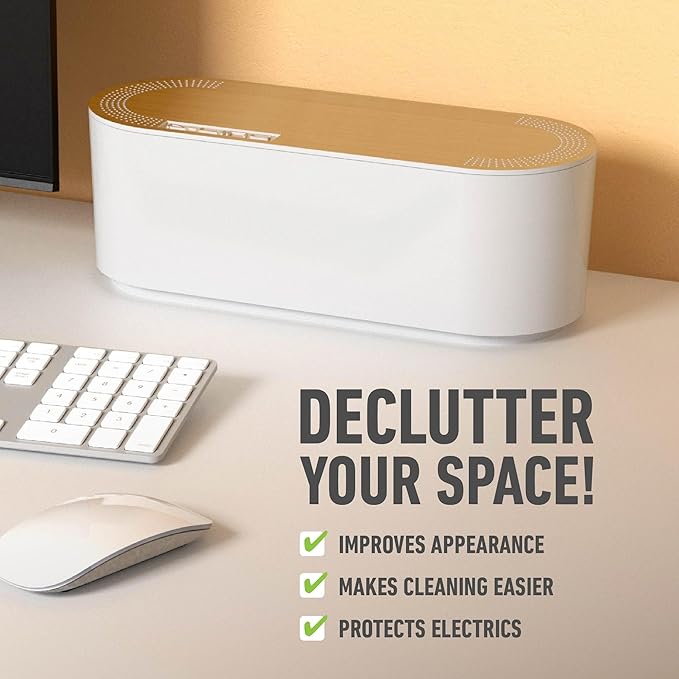 D-Line Cable Management Box, Power Strip Holder, Floor Outlet Hiders, Desk Cord Organizer, Cover TV Wires, Wire Storage, Extension Hider, Office Concealer for Cords - Small, Wood-Effect Lid