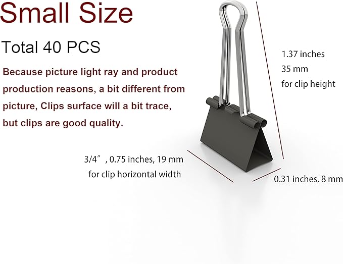 Nctinystore Binder Clips Small Metal Clamp 0.75 inch / 19 mm (Black, 40-PCS)