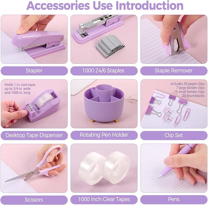 SKYDUE Purple Office Supplies Set, Purple Office Desk Accessories 10PCS, Pencil Holder for Desk, Stapler, Tape Dispenser, Scissors, Ruler, Binder/Paper Clips and 1000pcs Staples,Desk Supplies Set