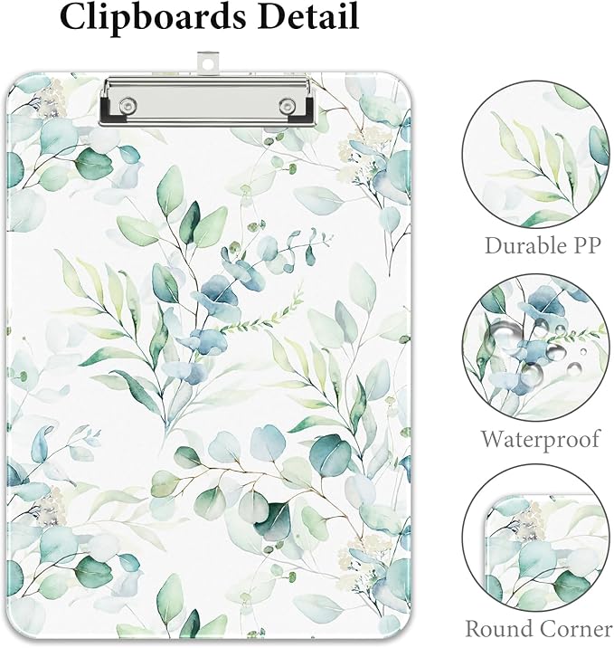 Rimilak Plastic Clipboards with Metal Clip, A4 Letter Size 9 x 12.5 in, Office Decorative for Students Women Men and Kids, Cute Custom Pattern, Green Leaves
