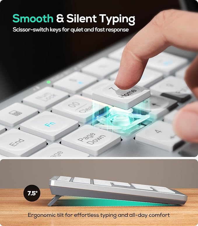 Nulea Wireless Number Pad Bluetooth 5.0 & 2.4G Portable Numeric Keyboard, USB-C Rechargeable, 34-Keys Bluetooth Keyboard for Data Entry (Silvery White)