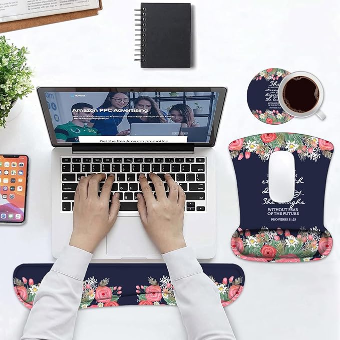 Keyboard Wrist Rest and Mouse Pad Wrist Support Set with Coasters, Floral Quote Bible Verses Proverbs 31:25 Design Wrist Mouse Pad with Non-Slip PU Base for Home Office Working Studying