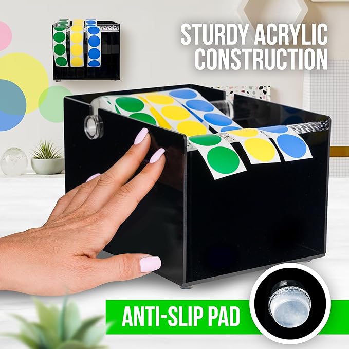 Multi-Use Small Label Dispenser for Rolls of Sticker Labels - 5.67"x 7.83"x4.72", Heavy-Duty, Wall-Mountable Acrylic Sticker Roll Dispenser, Anti-Slip (Small Black)