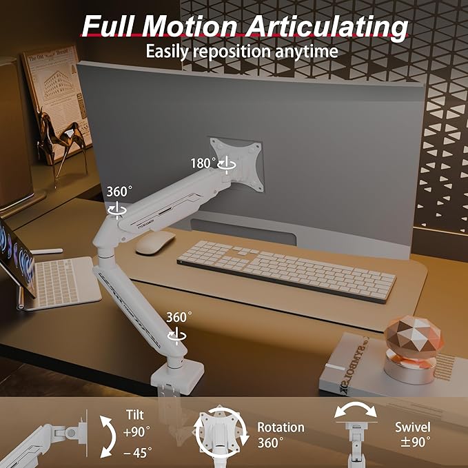 Monitor Arm for 17-35" Screens up to 24.2 lbs, Ergonomic Gas Spring Monitor Stand with Height Adjust, Tilt, Swivel & Cable Management, VESA Desk Mount with 2 Types of Installation, White