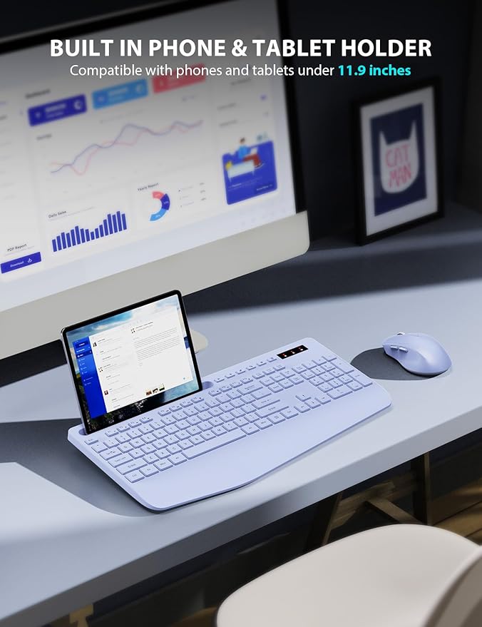 Wireless Keyboard and Mouse Combo - Full-Sized Ergonomic Keyboard with Wrist Rest, Phone Holder, Sleep Mode, Silent 2.4GHz Cordless Keyboard Mouse Combo for Laptop, Computer, PC, Mac, Windows -Trueque