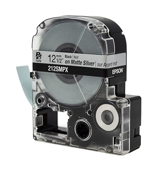 Epson LABELWORKS 212SMPX Genuine PET (Polyester) Tape Cartridge - Black on Silver Matte Label Maker Tape - 1/2" (12MM) Wide, 30'