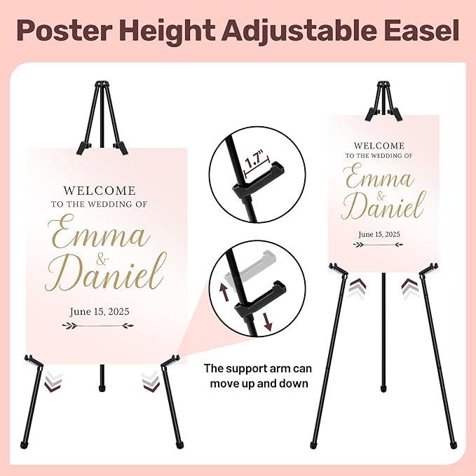 2Pack Black Easel Stand for Sign & Poster - 63" Adjustable Metal Display Easels for Wedding Welcome Signs, Painting, Canvas, Art & Picture - Portable Folding Tripod with Carry Bag, Holds 5 Lbs