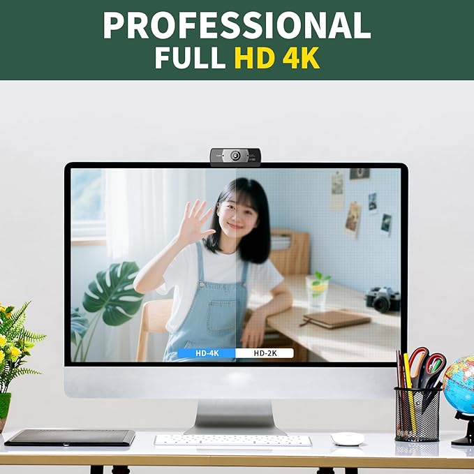 Diccik 8MP 4K Ultra HD Web Camera with Microphone, USB Computer Camera for PC, Laptop, Mac, Plug and Play Desktop Web Cam for Streaming, Zoom, Teams, 4K Webcam with Auto Light Correction & Wide Angle