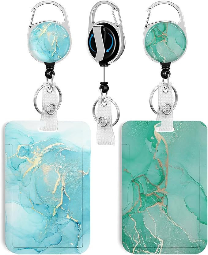 2 Pack Marble ID Badge Holder with Heavy Duty Retractable Reel Keychain for WomenStudents,Teachers, Nurses, Office Use 2