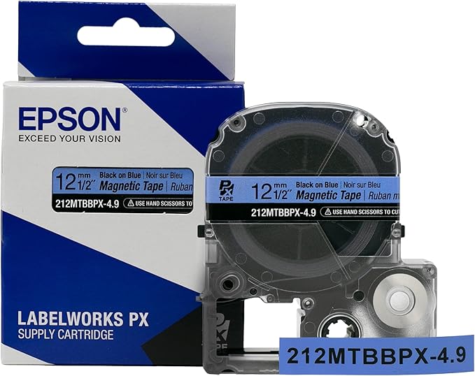 Epson LABELWORKS 212MTBBPX-4.9 Genuine Magnetic Tape Cartridge - Black on Blue Magnet Label Maker Tape - 1/2" (12MM) Wide, 4.9 ft, Blue
