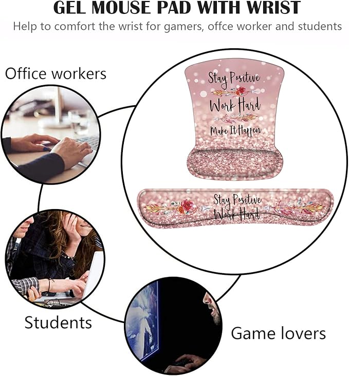 Keyboard Wrist Rest and Mouse Pad Wrist Support Set with Coasters, Inspirational Quote Stay Positive Work Hard and Make It Happen Wrist Mouse Pad with Non-Slip PU Base for Computer Laptop Home Office