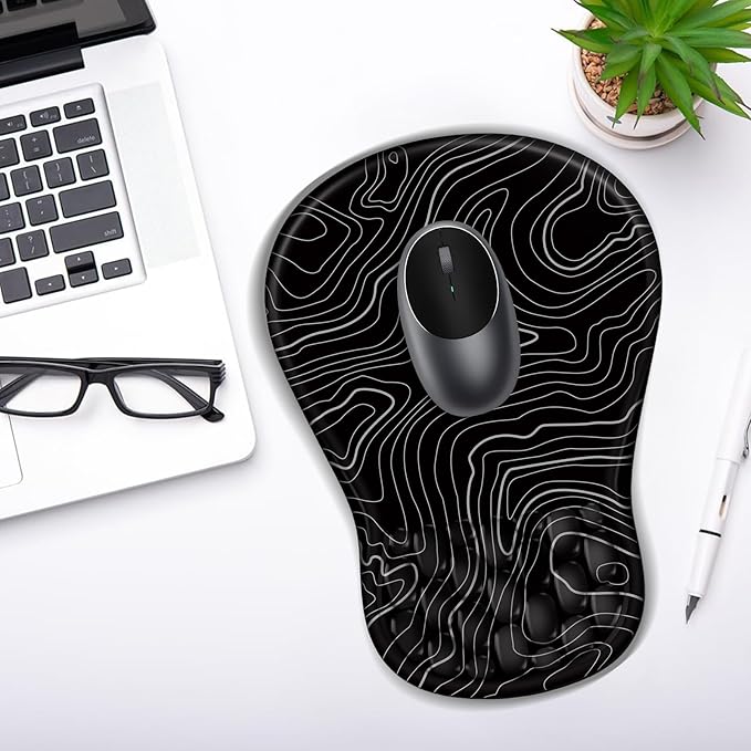 YIWEI Ergonomic Mouse Pad with Wrist Rest - Comfortable Office Mousepad with Memory Foam Wrist Support for Carpal Tunnel Relief, Mouse Pads with Non-Slip Base for Gaming and Home (Topographic Map)