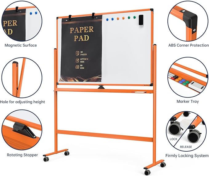 Large Dry-Erase Rolling Magnetic Whiteboard - 48 x 32 Inches Dry Erase Board with Stand Height Adjust Double Sides Mobile White Board Easel on Wheels with 25 Sheets Paper Pad Office, Home & Classroom