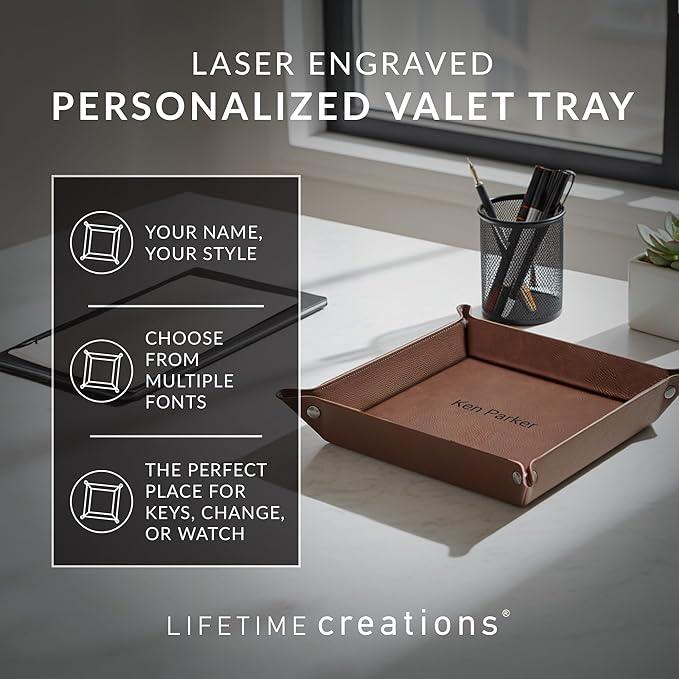 Lifetime Creations Personalized Valet Tray (Gray) - Custom Engraved Vegan Leather Snap Catchall, Gifts for Groomsmen