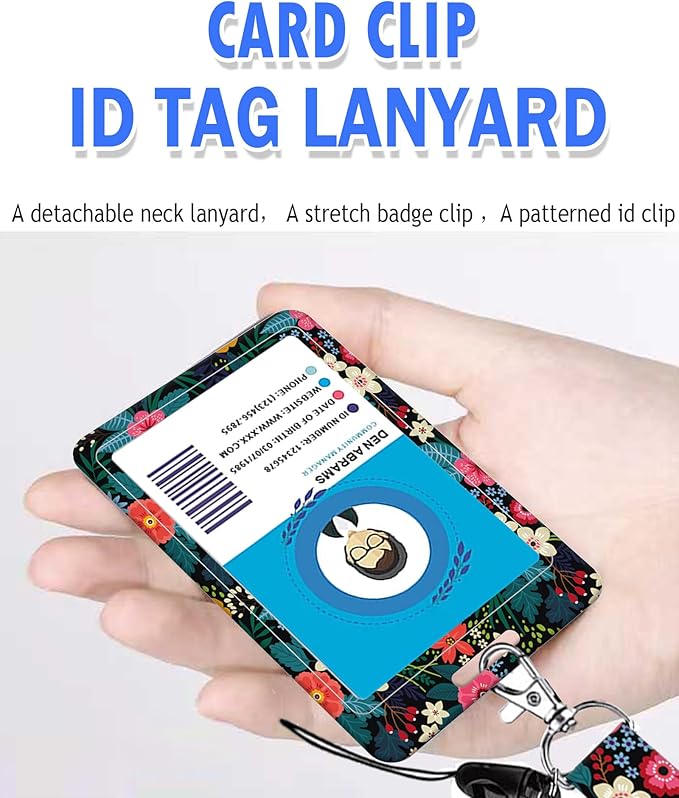 BLOCIT ID Badge Holder with Lanyard and Retractable Badge Reel Clip, Cute Card Name Tag Lanyard Vertical ID Protector Bage Clips for Nurse Doctor Teacher Student（Colorful Flowers and Leaves）