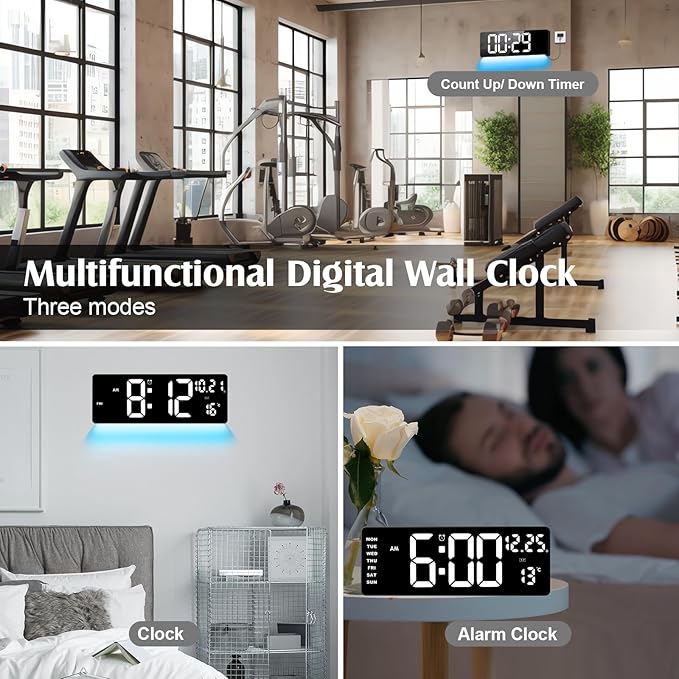 16.5" Digital Clock Large Display with Remote Control, 6-Color Night Light Digital Wall Clock with Dual Alarms, Temperature, Auto DST Large Clock for Living Room, Bedroom, Desk, Mounted, Gift