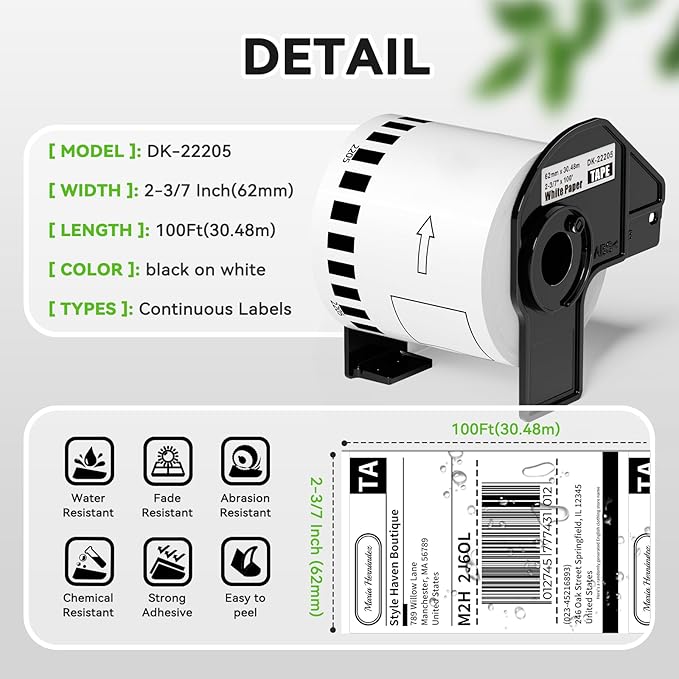 Suminey - Compatible Continuous Labels Replacement for Brother DK-2205 (2.4 in x 100 ft), Use with Brother QL Label Printers [8 Rolls+ 1 Refillable Cartridge]