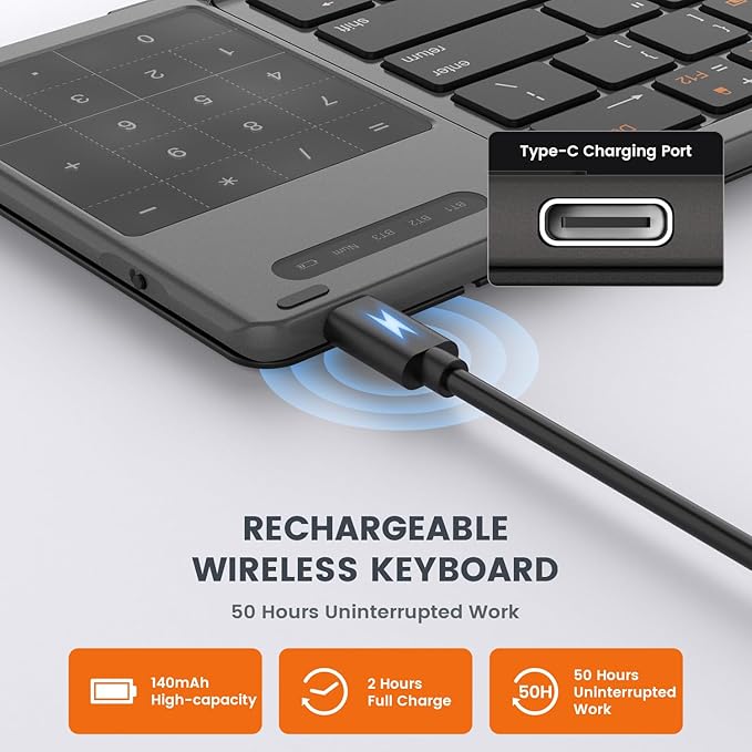 Foldable Bluetooth Keyboard, Portable Full Size Folding Keyboard with Touchpad, Numeric Keypad, PU Leather, Wireless TravelKeyboard for Windows Android Mac(Sync up to 3 Devices)