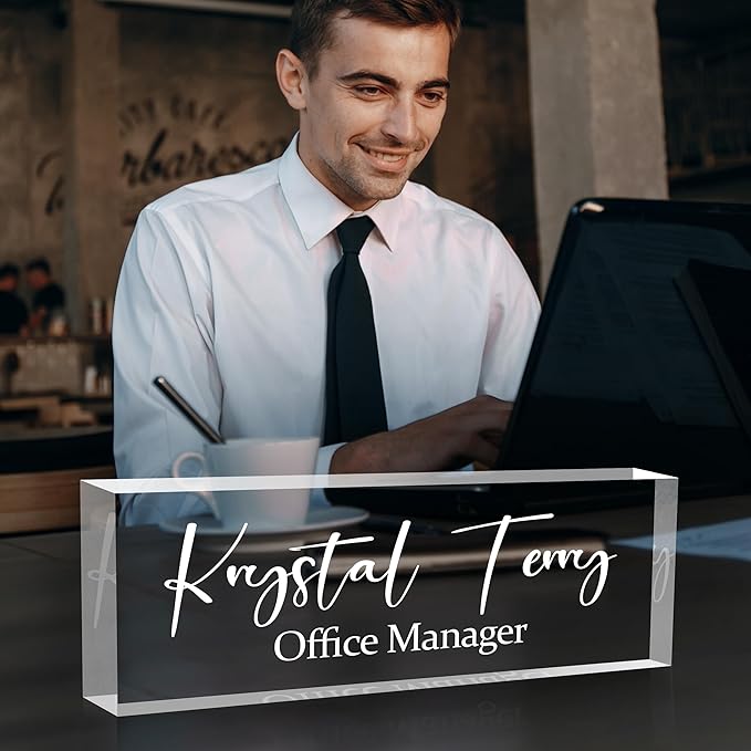 Personalized Name Plate for Desks, Custom Desk Name Plates, Acrylic Name Plate Office Desk Accessories, Personalized Office Gifts for Coworkers Teachers, Employee Appreciation Gifts (Engraved)