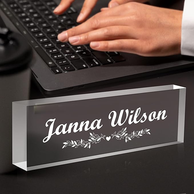 Personalized Desk Name Plate, Custom Acrylic Glass Name Plates for Desks, Office Desk Decor Nameplate, Desk Accessories, Teacher Boss Coworkers Employee Appreciation Gift (Engraved Flower 1)