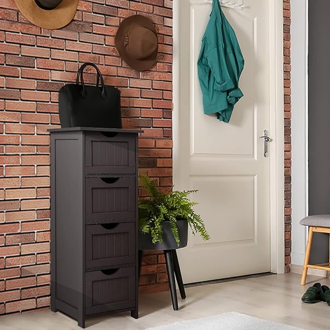 VINGLI Espresso Bathroom Storage Cabinet with 4 Drawers Wooden Freestanding Slim Bathroom Floor Cabinet Small Side Organizer Storage Unit for Restroom Livng Room Kitchen Office Hallway Entryway