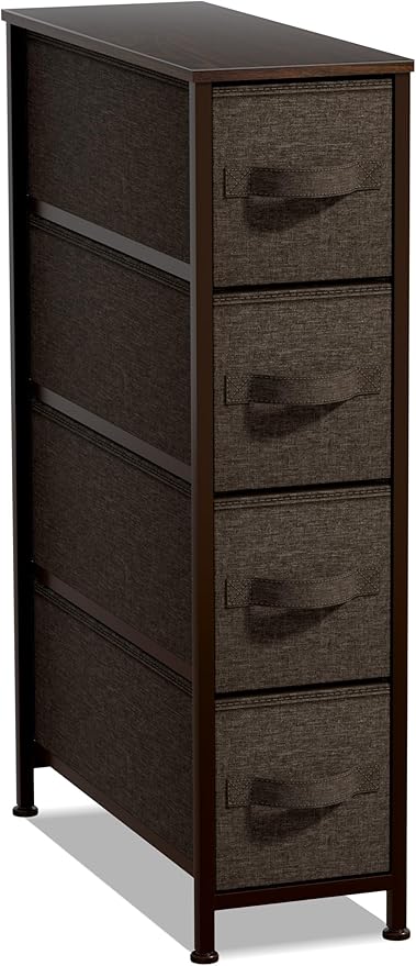 Sorbus Narrow Dresser with 4 Drawers - Vertical Slim Storage Chest of Drawers with Steel Frame, Wood Top & Easy Pull Fabric Bins for Small Spaces, Closets, Bedroom, Bathroom & Laundry (Brown)