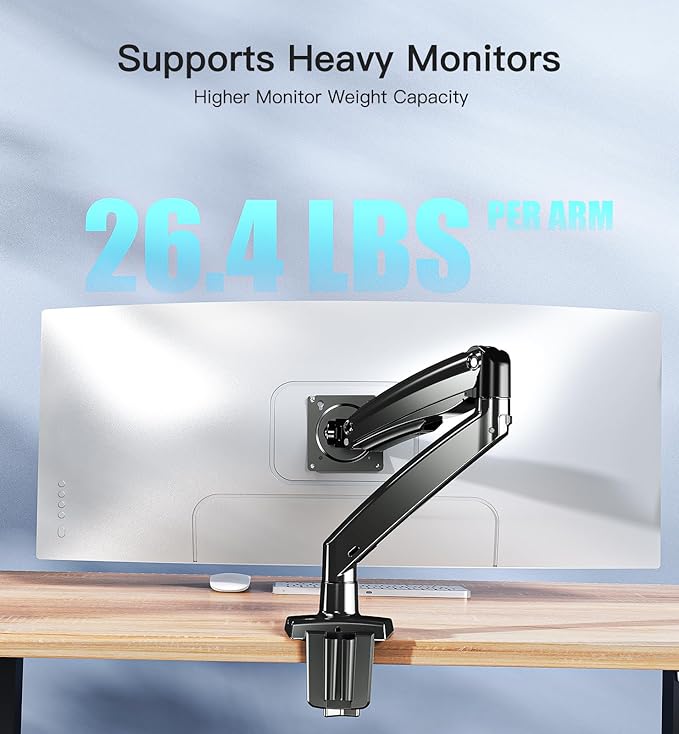 HUANUO Heavy Duty Monitor Arm for 49-Inch Ultrawide/Curved Screens, Full Motion Adjustable Monitor Mount with Aircraft-Grade Aluminum, Holds 26.4lbs, VESA 75x75/100x100mm