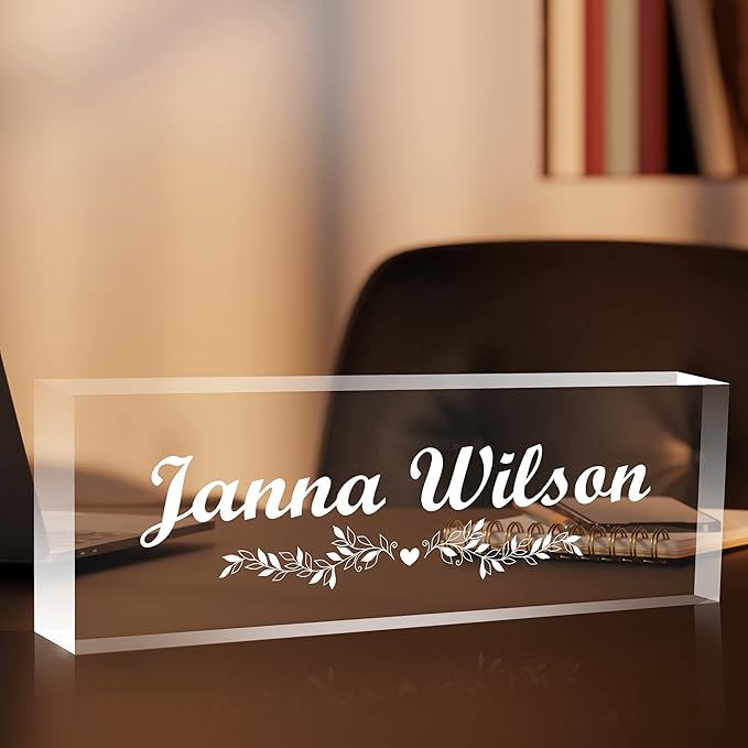 Premium Clear Engraved Acrylic Name Plate for Desk - Personalized Office Decor for Women or Men, Coworkers, Boss, Employee, Teacher (Engraved 2)