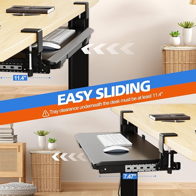 Large Height Adjustable Keyboard Tray with Sturdy C-Clamp Mount and Storage Drawer, 27"(31" Including Clamps) x 12" Slide Out Ergonomic Keyboard Trays for Home and Office, Black