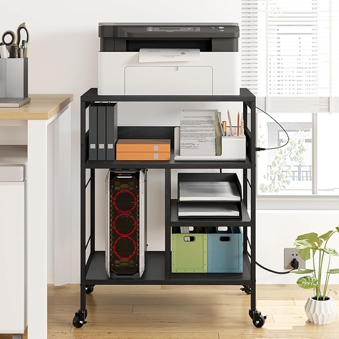 GarveeLife Printer Stand with Power Outlets, 4-Tier Rolling Printer Table with Lockable Wheels, Heavy Duty Printer Cart with Storage, Utility Storage Cart for Home, Office, Black