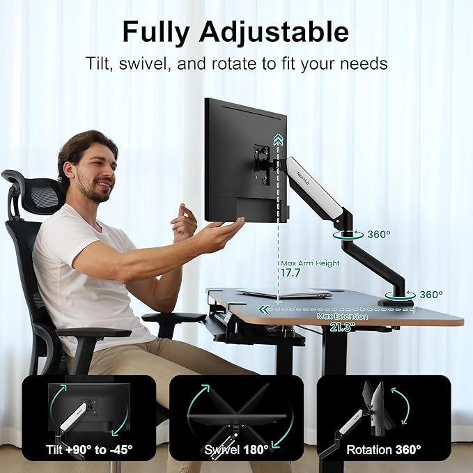 NearHub Single Monitor Mount,Each13-32 ” Up to 22 lbs Computer Screen,180° Swivel, Tilt +90° to -45°, 360°Rotation,Full Motion Adjust with C Clamp and Grommet Base,VESA Mount 75mmX75mm,100mmX100mm