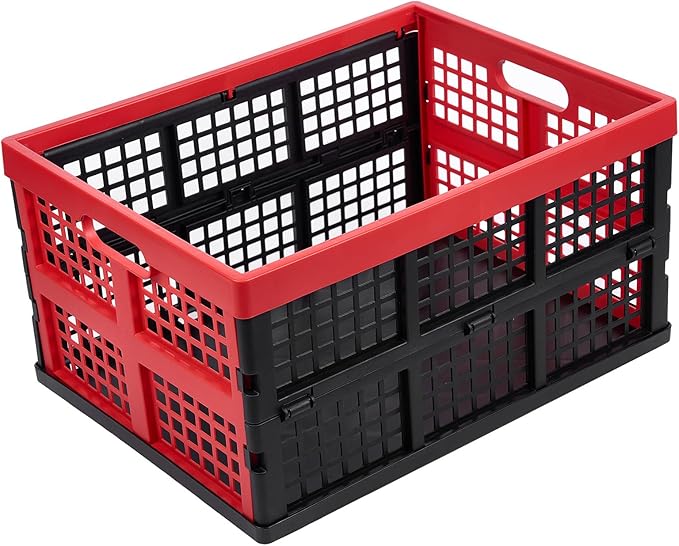 3-Pack Plastic Collapsible Storage Crates-30L,Foldable Plastic Crates for Storage (Black+Red)